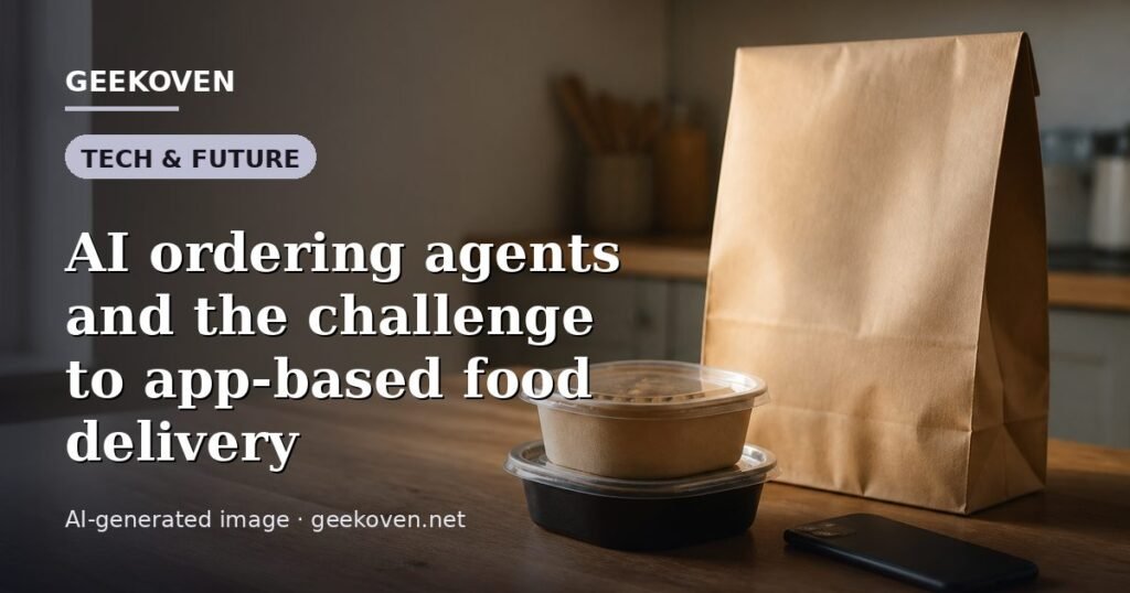 Illustration for the Tech & Future article “AI ordering agents and the challenge to app-based food delivery”: an AI-generated editorial illustration showing a scene illustrating the subject of the article, with the headline set over it. Illustrative only, not a photograph of a real event.