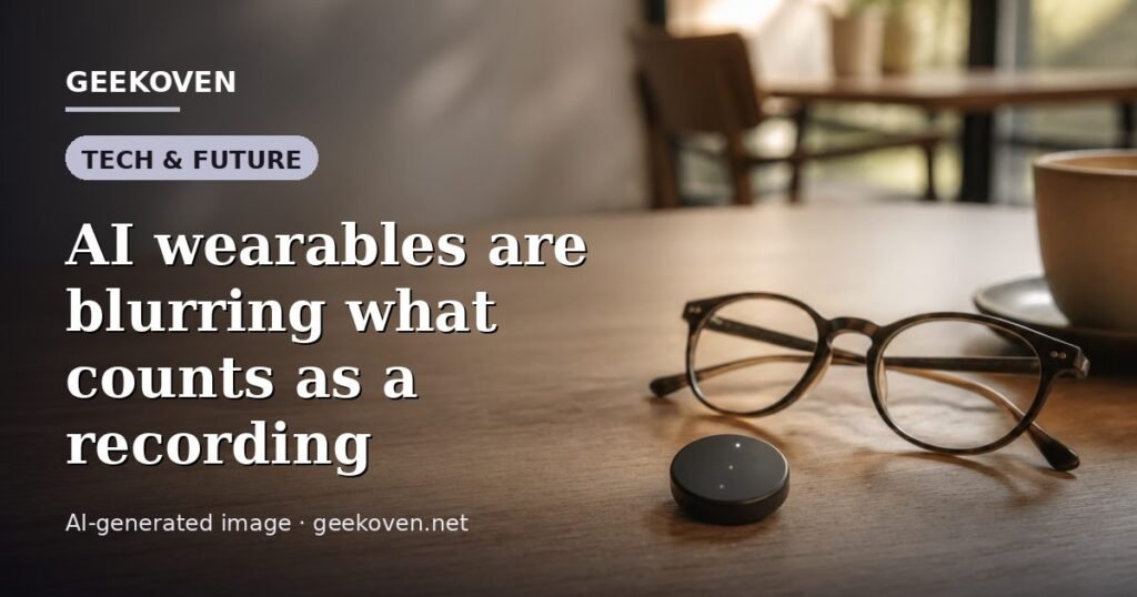 Illustration for the Tech & Future article “AI wearables are blurring what counts as a recording”: an AI-generated editorial illustration showing a scene illustrating the subject of the article, with the headline set over it. Illustrative only, not a photograph of a real event.