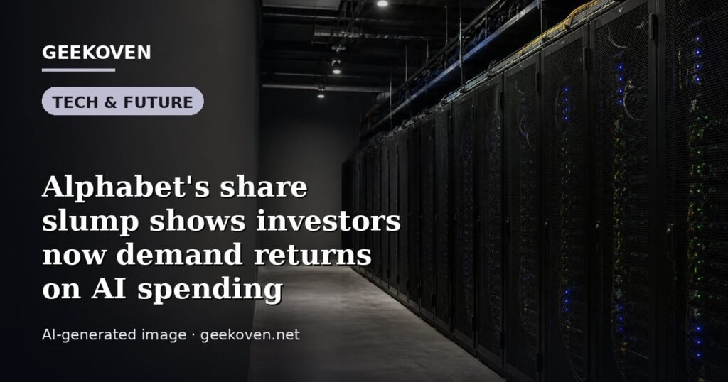 Illustration for the Tech & Future article “Alphabet's share slump shows investors now demand returns on AI spending”: an AI-generated editorial illustration showing a scene illustrating the subject of the article, with the headline set over it. Illustrative only, not a photograph of a real event.