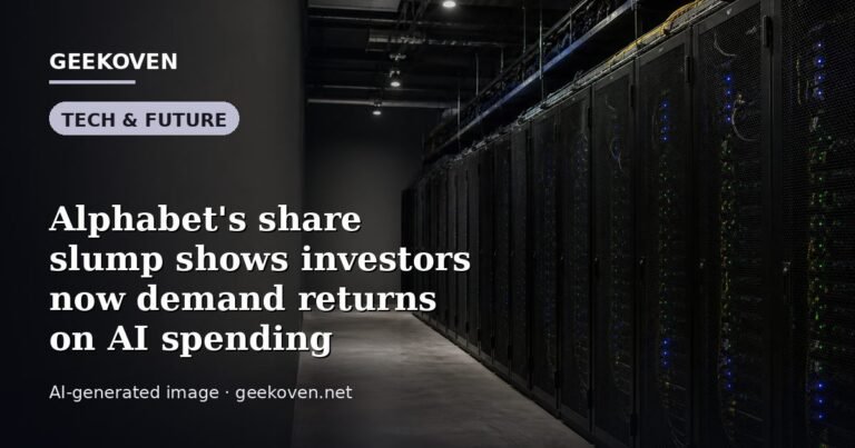 Illustration for the Tech & Future article “Alphabet's share slump shows investors now demand returns on AI spending”: an AI-generated editorial illustration showing a scene illustrating the subject of the article, with the headline set over it. Illustrative only, not a photograph of a real event.