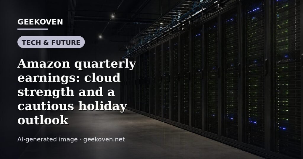 Illustration for the Tech & Future article “Amazon quarterly earnings: cloud strength and a cautious holiday outlook”: an AI-generated editorial illustration showing a scene illustrating the subject of the article, with the headline set over it. Illustrative only, not a photograph of a real event.