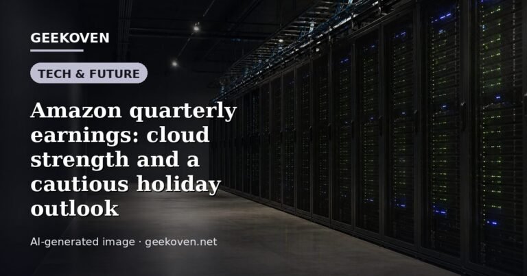 Illustration for the Tech & Future article “Amazon quarterly earnings: cloud strength and a cautious holiday outlook”: an AI-generated editorial illustration showing a scene illustrating the subject of the article, with the headline set over it. Illustrative only, not a photograph of a real event.