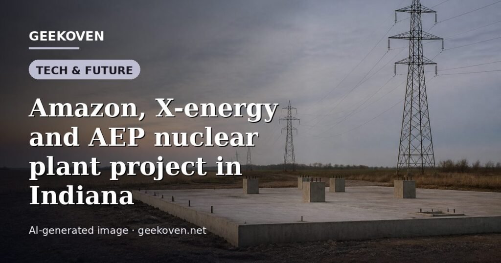 Illustration for the Tech & Future article “Amazon, X-energy and AEP nuclear plant project in Indiana”: an AI-generated editorial illustration showing a server hall with long rows of equipment cabinets and power infrastructure, with the headline set over it. Illustrative only, not a photograph of a real event.