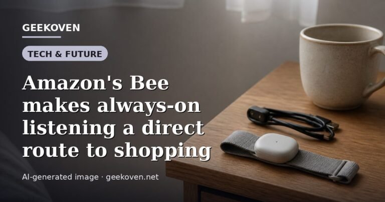 Illustration for the Tech & Future article “Amazon's Bee makes always-on listening a direct route to shopping”: an AI-generated editorial illustration showing a scene illustrating the subject of the article, with the headline set over it. Illustrative only, not a photograph of a real event.