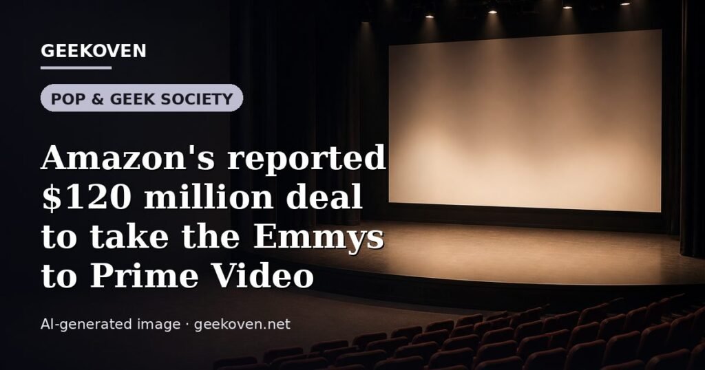 Illustration for the Pop & Geek Society article “Amazon's reported $120 million deal to take the Emmys to Prime Video”: an AI-generated editorial illustration showing a stadium crowd seen from high above, lights arranged in coordinated patterns, with the headline set over it. Illustrative only, not a photograph of a real event.