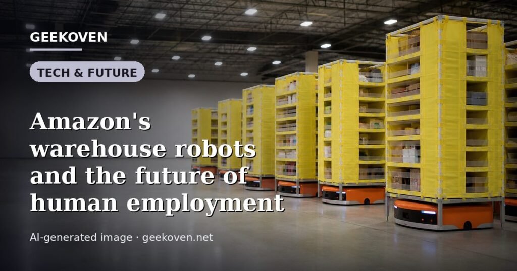 Illustration for the Tech & Future article “Amazon's warehouse robots and the future of human employment”: an AI-generated editorial illustration showing a scene illustrating the subject of the article, with the headline set over it. Illustrative only, not a photograph of a real event.