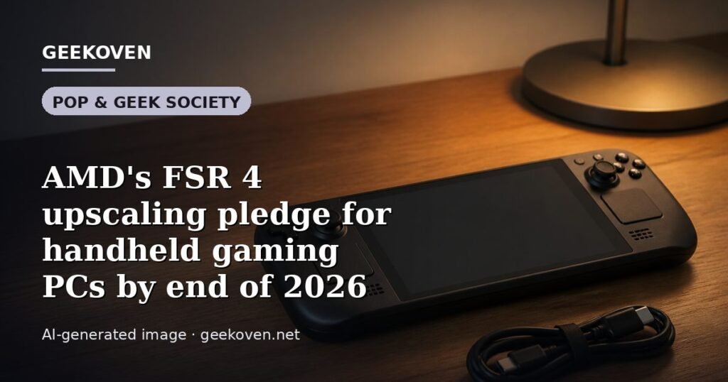 Illustration for the Pop & Geek Society article “AMD's FSR 4 upscaling pledge for handheld gaming PCs by end of 2026”: an AI-generated editorial illustration showing a scene illustrating the subject of the article, with the headline set over it. Illustrative only, not a photograph of a real event.