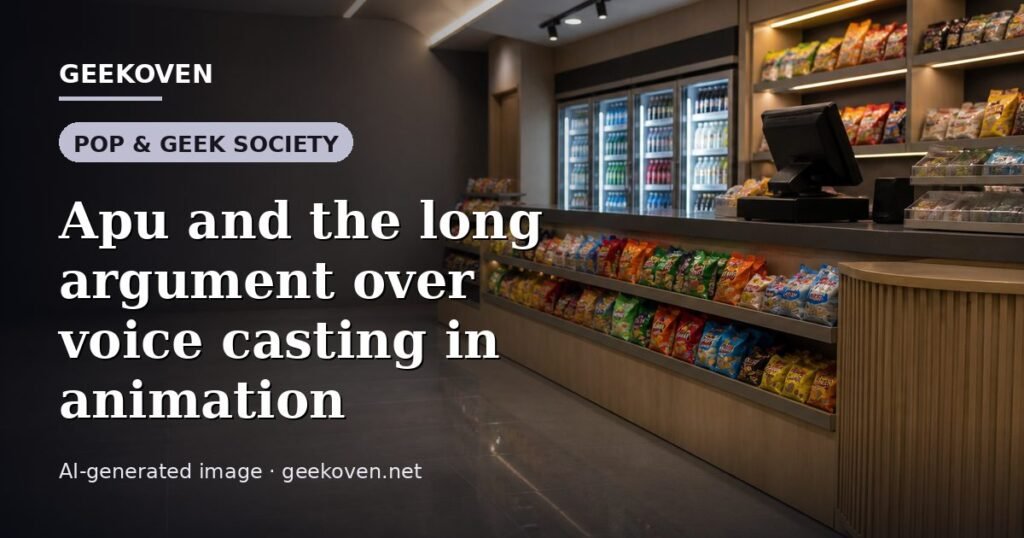 Illustration for the Pop & Geek Society article “Apu and the long argument over voice casting in animation”: an AI-generated editorial illustration showing a scene illustrating the subject of the article, with the headline set over it. Illustrative only, not a photograph of a real event.
