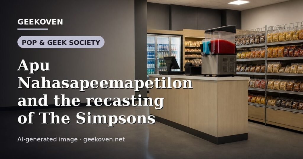 Illustration for the Pop & Geek Society article “Apu Nahasapeemapetilon and the recasting of The Simpsons”: an AI-generated editorial illustration showing a scene illustrating the subject of the article, with the headline set over it. Illustrative only, not a photograph of a real event.