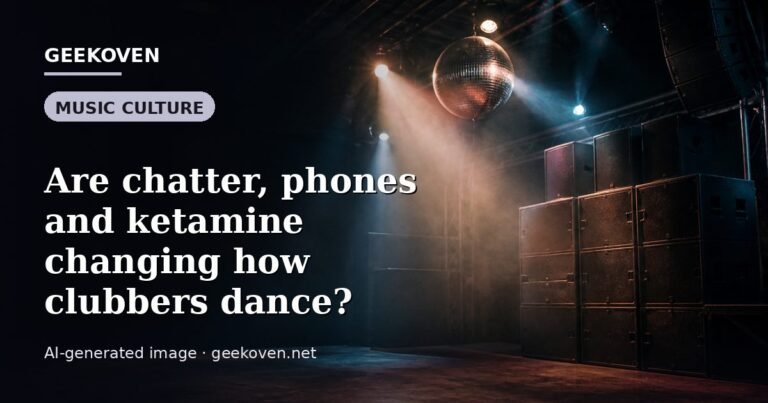 Illustration for the Music Culture article “Are chatter, phones and ketamine changing how clubbers dance?”: an AI-generated editorial illustration showing a scene illustrating the subject of the article, with the headline set over it. Illustrative only, not a photograph of a real event.