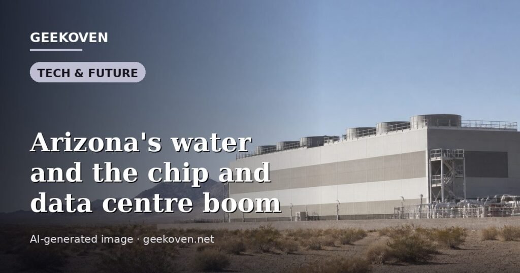 Illustration for the Tech & Future article “Arizona's water and the chip and data centre boom”: an AI-generated editorial illustration showing a server hall with long rows of equipment cabinets and power infrastructure, with the headline set over it. Illustrative only, not a photograph of a real event.