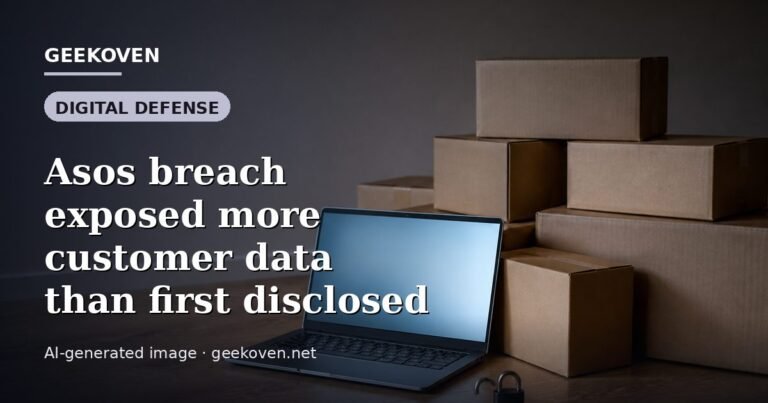 Illustration for the Digital Defense article “Asos breach exposed more customer data than first disclosed”: an AI-generated editorial illustration showing a scene illustrating the subject of the article, with the headline set over it. Illustrative only, not a photograph of a real event.