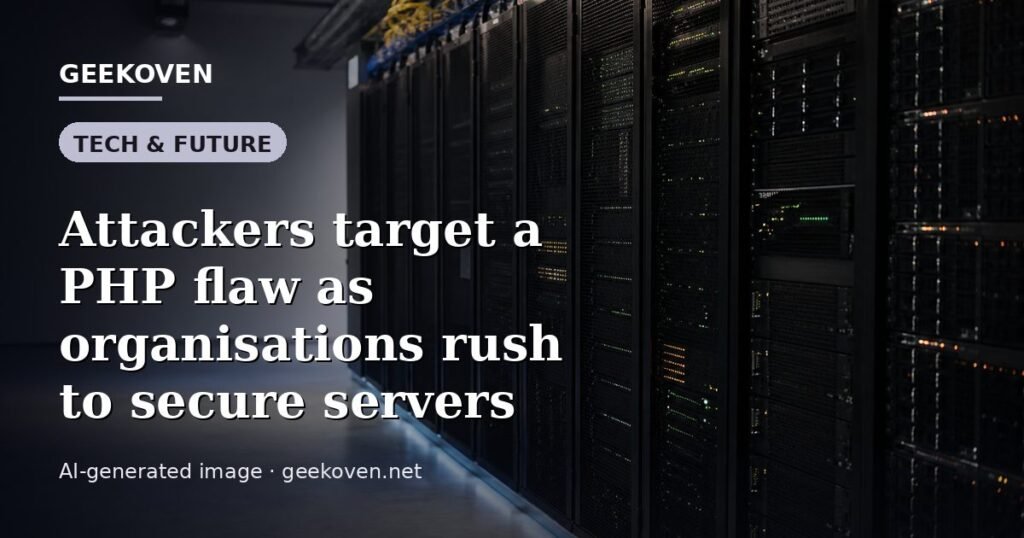 Illustration for the Tech & Future article “Attackers target a PHP flaw as organisations rush to secure servers”: an AI-generated editorial illustration showing a scene illustrating the subject of the article, with the headline set over it. Illustrative only, not a photograph of a real event.
