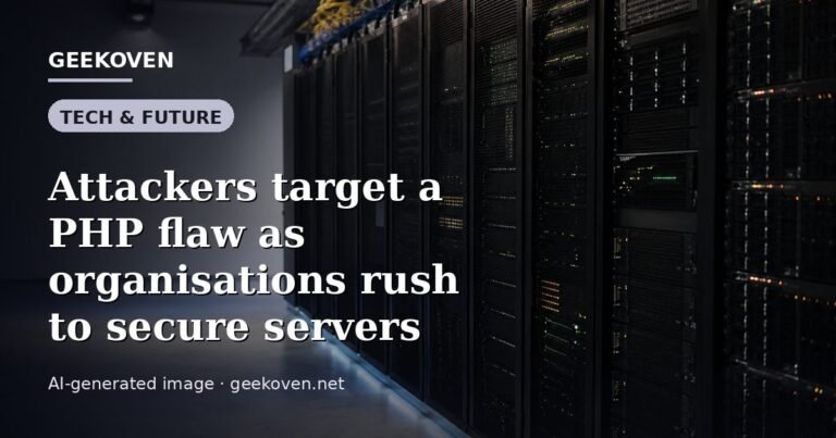 Illustration for the Tech & Future article “Attackers target a PHP flaw as organisations rush to secure servers”: an AI-generated editorial illustration showing a scene illustrating the subject of the article, with the headline set over it. Illustrative only, not a photograph of a real event.