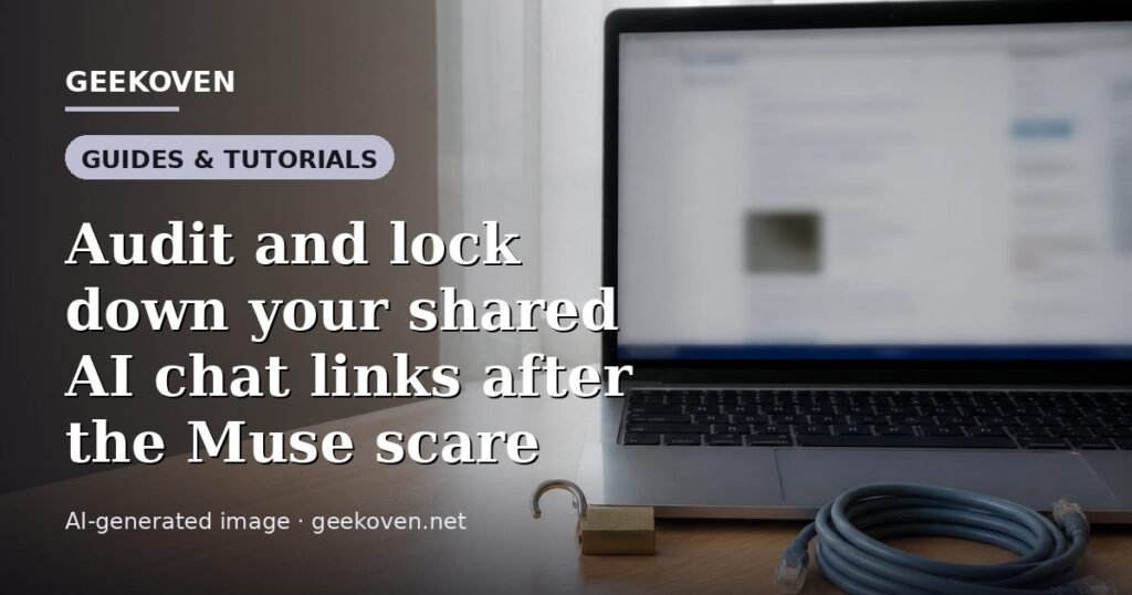 Illustration for the Guides & Tutorials article “Audit and lock down your shared AI chat links after the Muse scare”: an AI-generated editorial illustration showing a scene illustrating the subject of the article, with the headline set over it. Illustrative only, not a photograph of a real event.