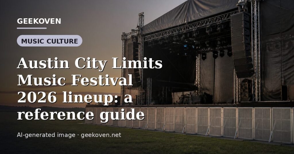 Illustration for the Music Culture article “Austin City Limits Music Festival 2026 lineup: a reference guide”: an AI-generated editorial illustration showing a scene illustrating the subject of the article, with the headline set over it. Illustrative only, not a photograph of a real event.