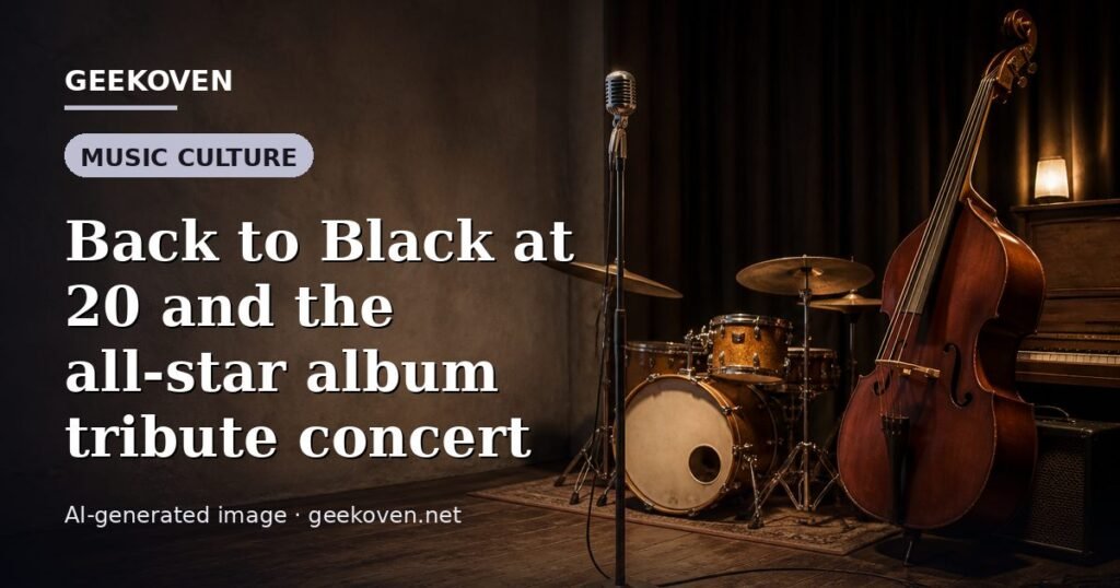 Illustration for the Music Culture article “Back to Black at 20 and the all-star album tribute concert”: an AI-generated editorial illustration showing a scene illustrating the subject of the article, with the headline set over it. Illustrative only, not a photograph of a real event.