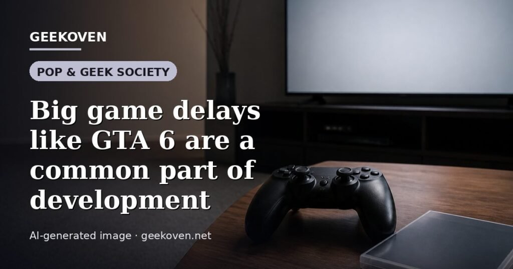 Illustration for the Pop & Geek Society article “Big game delays like GTA 6 are a common part of development”: an AI-generated editorial illustration showing a studio workspace seen from above, with a production timeline across the wall, with the headline set over it. Illustrative only, not a photograph of a real event.