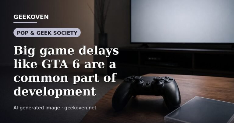 Illustration for the Pop & Geek Society article “Big game delays like GTA 6 are a common part of development”: an AI-generated editorial illustration showing a studio workspace seen from above, with a production timeline across the wall, with the headline set over it. Illustrative only, not a photograph of a real event.