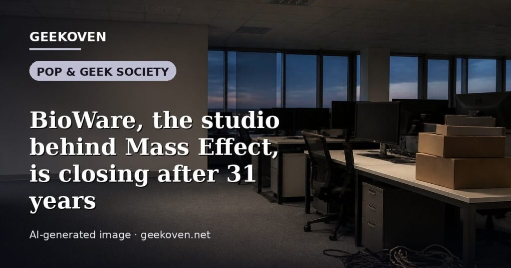 Illustration for the Pop & Geek Society article “BioWare, the studio behind Mass Effect, is closing after 31 years”: an AI-generated editorial illustration showing a studio workspace seen from above, with a production timeline across the wall, with the headline set over it. Illustrative only, not a photograph of a real event.