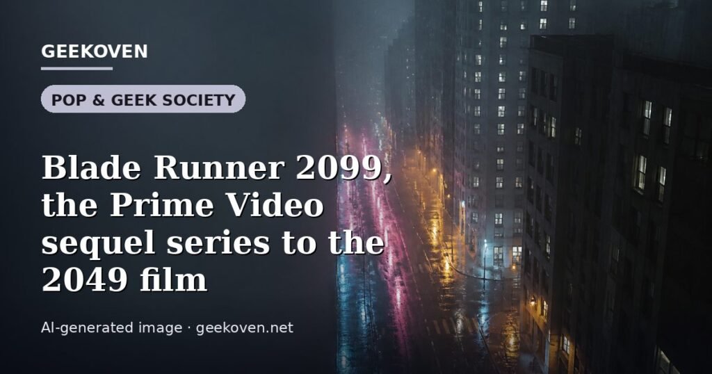 Illustration for the Pop & Geek Society article “Blade Runner 2099, the Prime Video sequel series to the 2049 film”: an AI-generated editorial illustration showing a stadium crowd seen from high above, lights arranged in coordinated patterns, with the headline set over it. Illustrative only, not a photograph of a real event.