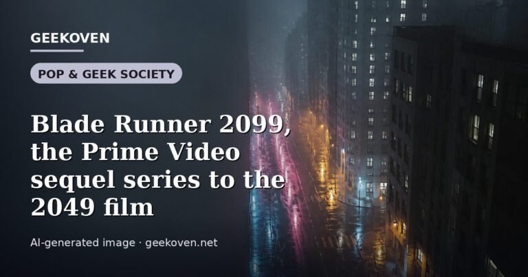 Illustration for the Pop & Geek Society article “Blade Runner 2099, the Prime Video sequel series to the 2049 film”: an AI-generated editorial illustration showing a stadium crowd seen from high above, lights arranged in coordinated patterns, with the headline set over it. Illustrative only, not a photograph of a real event.