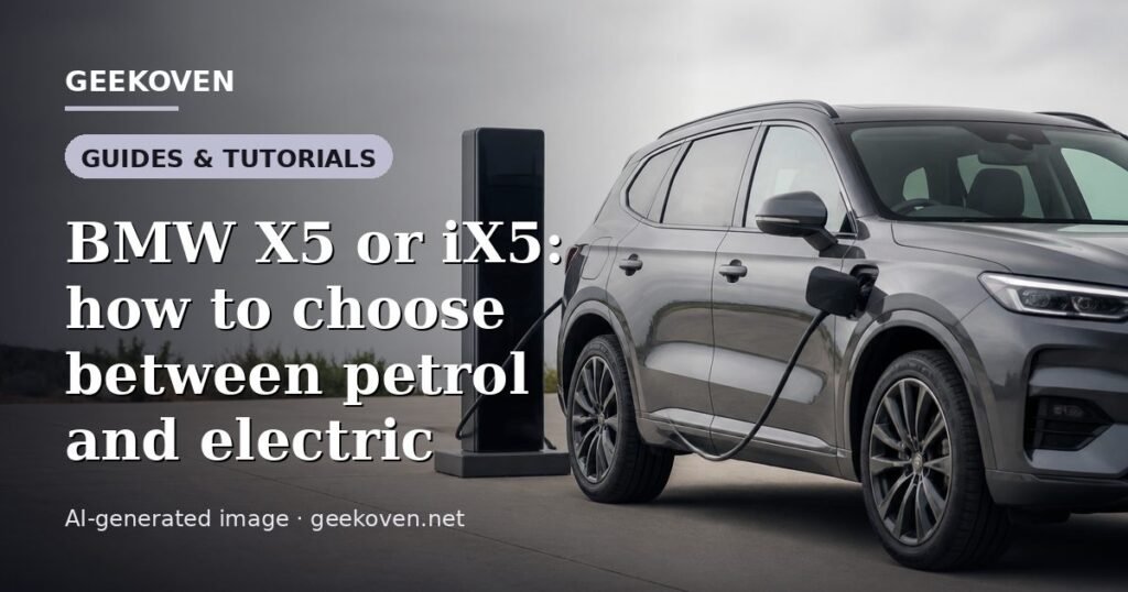 Illustration for the Guides & Tutorials article “BMW X5 or iX5: how to choose between petrol and electric”: an AI-generated editorial illustration showing a scene illustrating the subject of the article, with the headline set over it. Illustrative only, not a photograph of a real event.