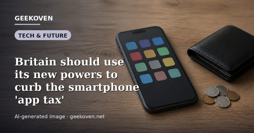 Illustration for the Tech & Future article “Britain should use its new powers to curb the smartphone 'app tax'”: an AI-generated editorial illustration showing a scene illustrating the subject of the article, with the headline set over it. Illustrative only, not a photograph of a real event.