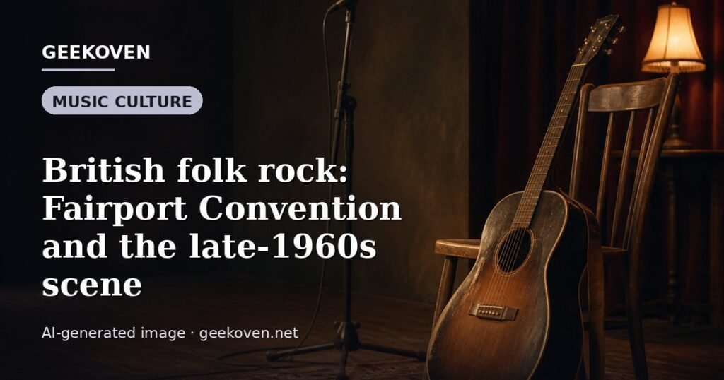 Illustration for the Music Culture article “British folk rock: Fairport Convention and the late-1960s scene”: an AI-generated editorial illustration showing a scene illustrating the subject of the article, with the headline set over it. Illustrative only, not a photograph of a real event.