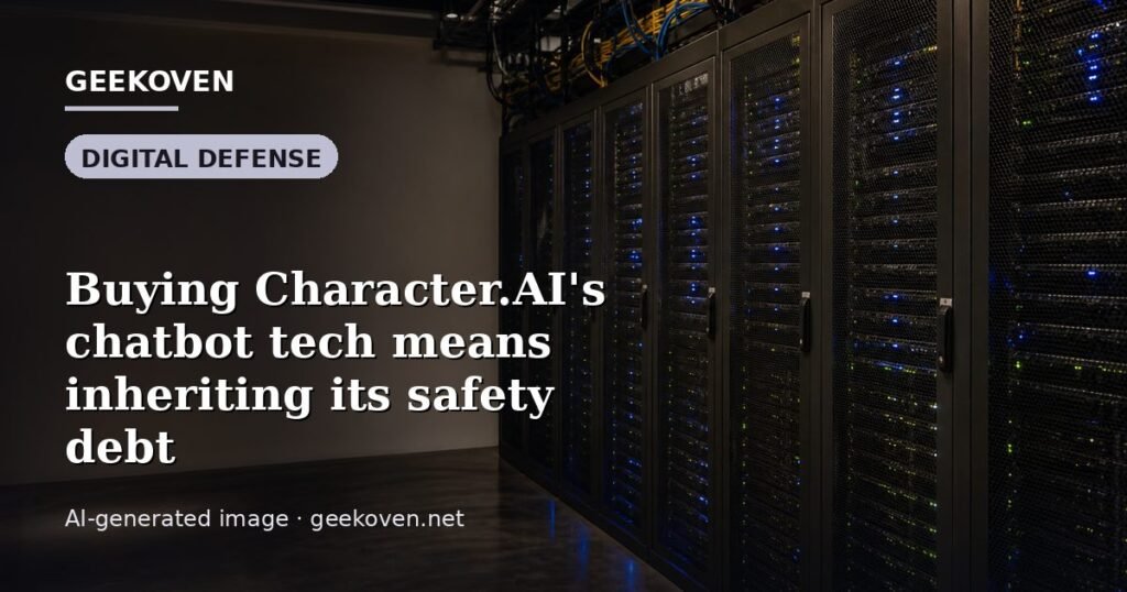 Illustration for the Digital Defense article “Buying Character.AI's chatbot tech means inheriting its safety debt”: an AI-generated editorial illustration showing a scene illustrating the subject of the article, with the headline set over it. Illustrative only, not a photograph of a real event.