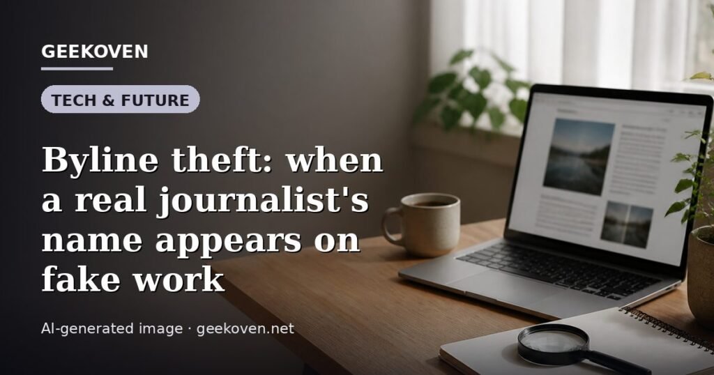 Illustration for the Tech & Future article “Byline theft: when a real journalist's name appears on fake work”: an AI-generated editorial illustration showing a scene illustrating the subject of the article, with the headline set over it. Illustrative only, not a photograph of a real event.