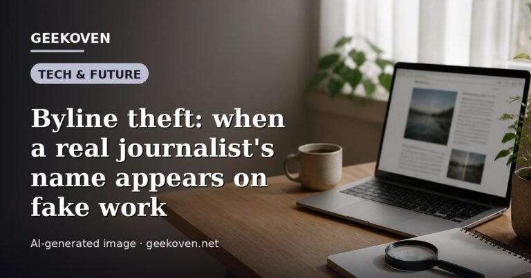 Illustration for the Tech & Future article “Byline theft: when a real journalist's name appears on fake work”: an AI-generated editorial illustration showing a scene illustrating the subject of the article, with the headline set over it. Illustrative only, not a photograph of a real event.