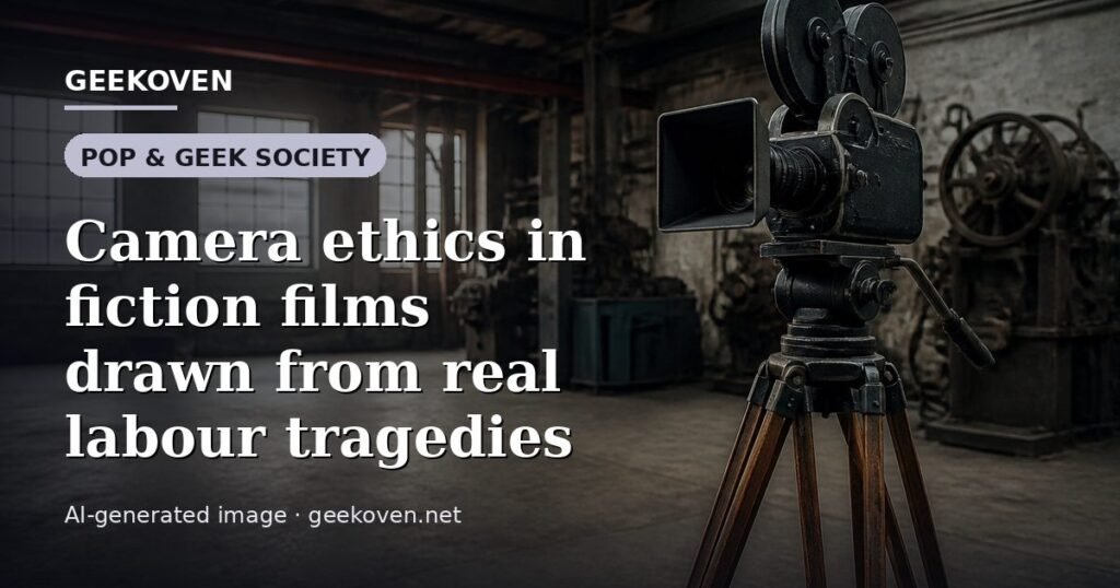 Illustration for the Pop & Geek Society article “Camera ethics in fiction films drawn from real labour tragedies”: an AI-generated editorial illustration showing a scene illustrating the subject of the article, with the headline set over it. Illustrative only, not a photograph of a real event.