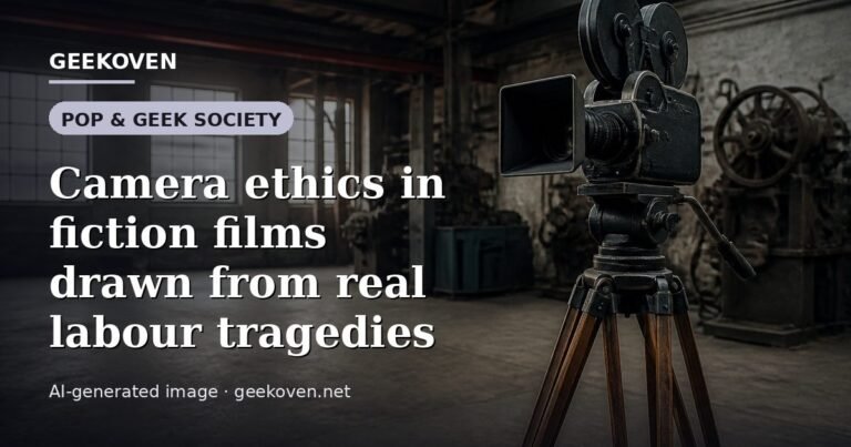 Illustration for the Pop & Geek Society article “Camera ethics in fiction films drawn from real labour tragedies”: an AI-generated editorial illustration showing a scene illustrating the subject of the article, with the headline set over it. Illustrative only, not a photograph of a real event.
