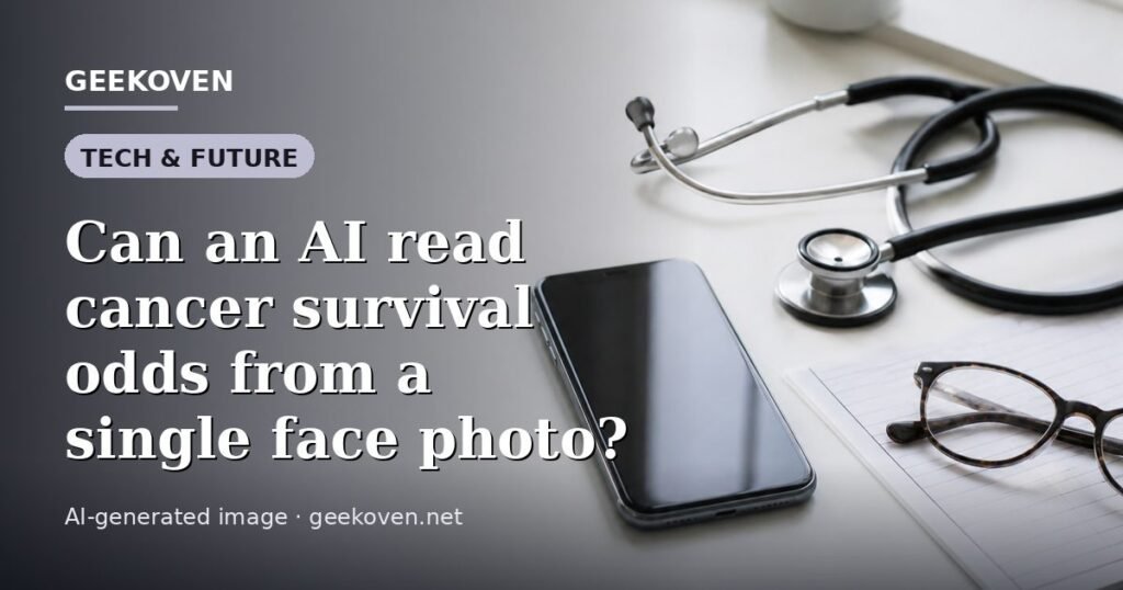 Illustration for the Tech & Future article “Can an AI read cancer survival odds from a single face photo?”: an AI-generated editorial illustration showing a scene illustrating the subject of the article, with the headline set over it. Illustrative only, not a photograph of a real event.