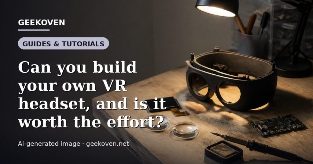 Illustration for the Guides & Tutorials article “Can you build your own VR headset, and is it worth the effort?”: an AI-generated editorial illustration showing a scene illustrating the subject of the article, with the headline set over it. Illustrative only, not a photograph of a real event.