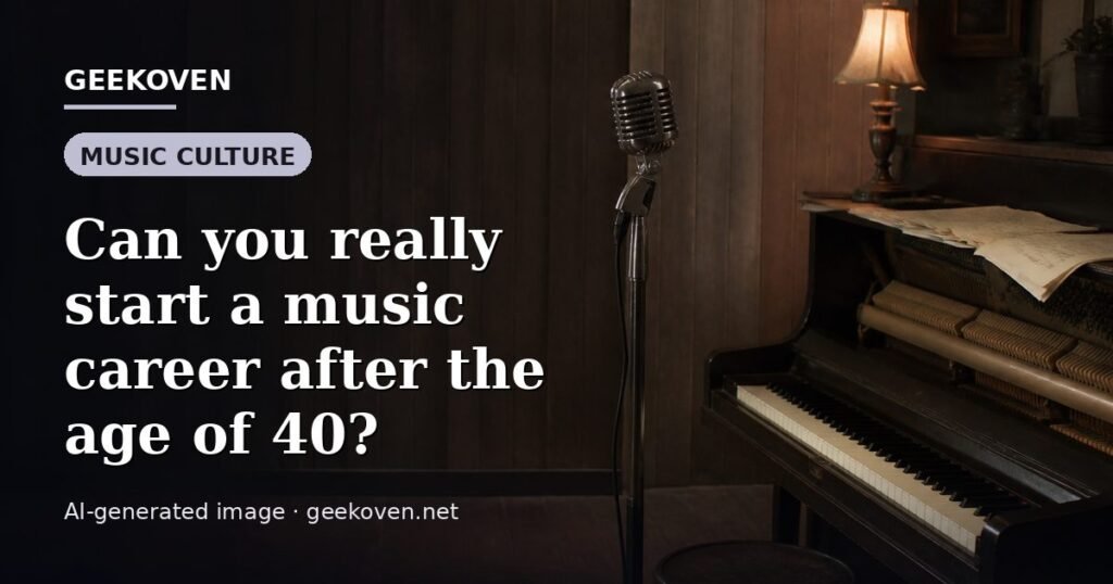 Illustration for the Music Culture article “Can you really start a music career after the age of 40?”: an AI-generated editorial illustration showing a scene illustrating the subject of the article, with the headline set over it. Illustrative only, not a photograph of a real event.
