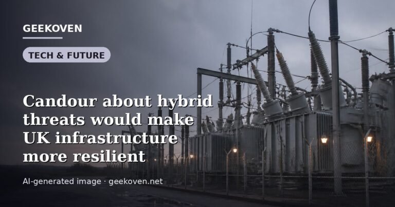 Illustration for the Tech & Future article “Candour about hybrid threats would make UK infrastructure more resilient”: an AI-generated editorial illustration showing a scene illustrating the subject of the article, with the headline set over it. Illustrative only, not a photograph of a real event.