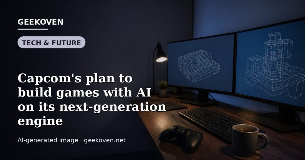 Illustration for the Tech & Future article “Capcom's plan to build games with AI on its next-generation engine”: an AI-generated editorial illustration showing a studio workspace seen from above, with a production timeline across the wall, with the headline set over it. Illustrative only, not a photograph of a real event.