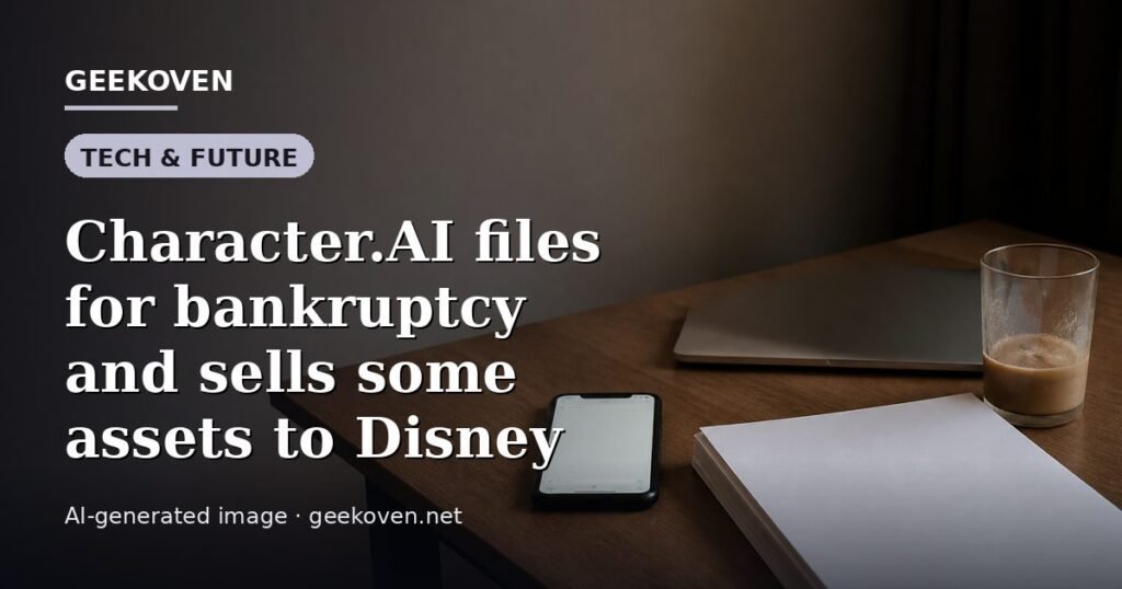 Illustration for the Tech & Future article “Character.AI files for bankruptcy and sells some assets to Disney”: an AI-generated editorial illustration showing a scene illustrating the subject of the article, with the headline set over it. Illustrative only, not a photograph of a real event.