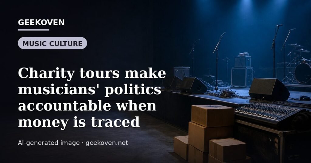 Illustration for the Music Culture article “Charity tours make musicians' politics accountable when money is traced”: an AI-generated editorial illustration showing a scene illustrating the subject of the article, with the headline set over it. Illustrative only, not a photograph of a real event.