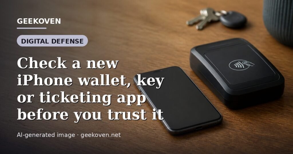 Illustration for the Digital Defense article “Check a new iPhone wallet, key or ticketing app before you trust it”: an AI-generated editorial illustration showing a scene illustrating the subject of the article, with the headline set over it. Illustrative only, not a photograph of a real event.