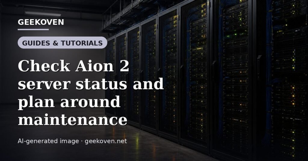 Illustration for the Guides & Tutorials article “Check Aion 2 server status and plan around maintenance”: an AI-generated editorial illustration showing a scene illustrating the subject of the article, with the headline set over it. Illustrative only, not a photograph of a real event.