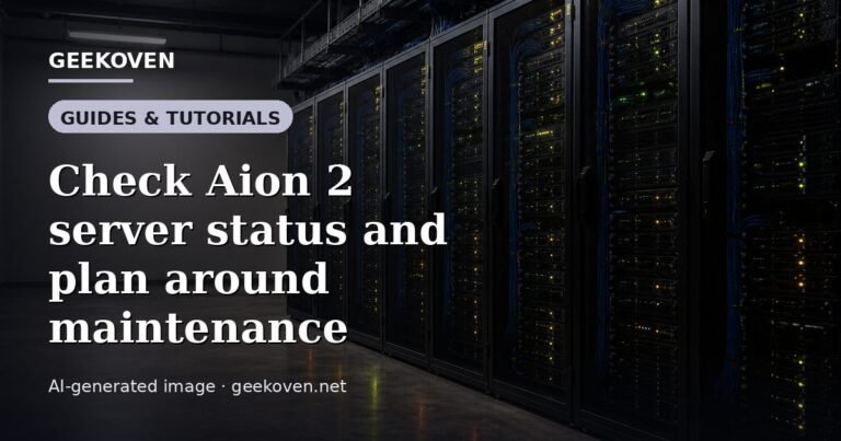 Illustration for the Guides & Tutorials article “Check Aion 2 server status and plan around maintenance”: an AI-generated editorial illustration showing a scene illustrating the subject of the article, with the headline set over it. Illustrative only, not a photograph of a real event.