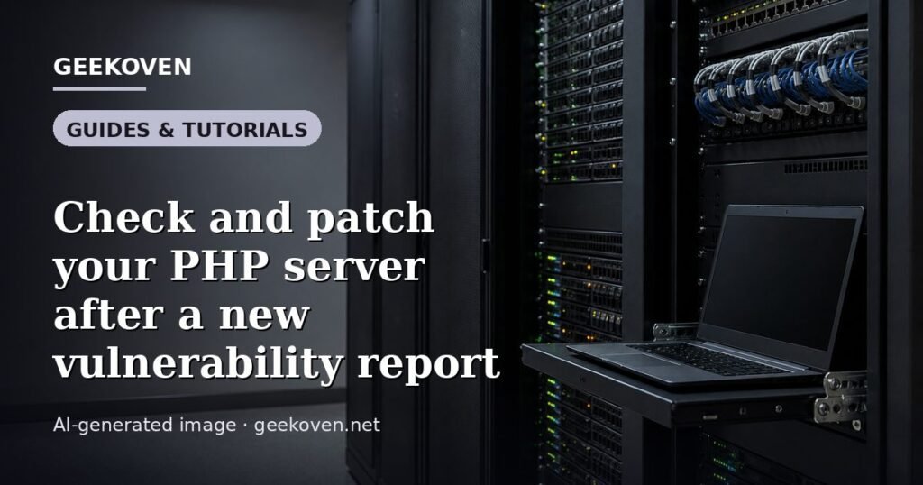 Illustration for the Guides & Tutorials article “Check and patch your PHP server after a new vulnerability report”: an AI-generated editorial illustration showing a scene illustrating the subject of the article, with the headline set over it. Illustrative only, not a photograph of a real event.