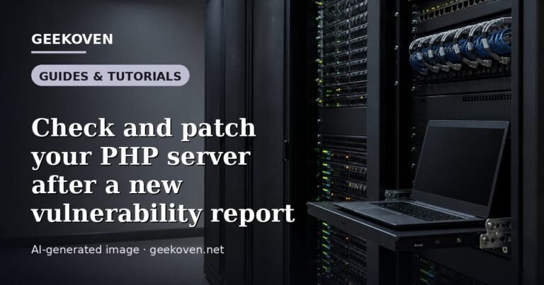 Illustration for the Guides & Tutorials article “Check and patch your PHP server after a new vulnerability report”: an AI-generated editorial illustration showing a scene illustrating the subject of the article, with the headline set over it. Illustrative only, not a photograph of a real event.