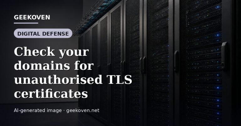 Illustration for the Digital Defense article “Check your domains for unauthorised TLS certificates”: an AI-generated editorial illustration showing a scene illustrating the subject of the article, with the headline set over it. Illustrative only, not a photograph of a real event.