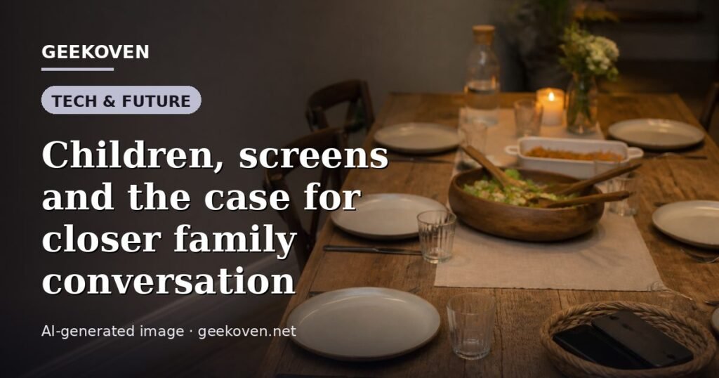 Illustration for the Tech & Future article “Children, screens and the case for closer family conversation”: an AI-generated editorial illustration showing a scene illustrating the subject of the article, with the headline set over it. Illustrative only, not a photograph of a real event.