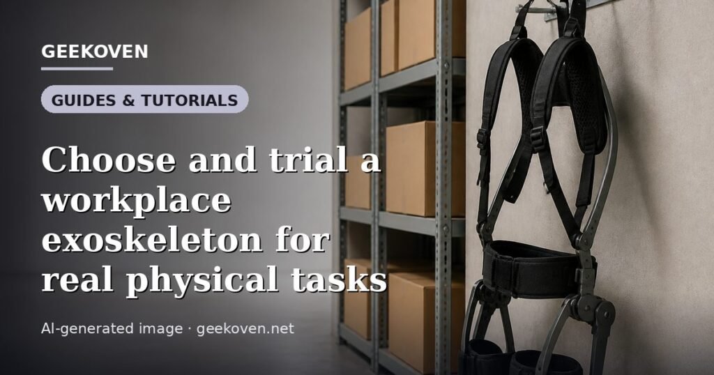 Illustration for the Guides & Tutorials article “Choose and trial a workplace exoskeleton for real physical tasks”: an AI-generated editorial illustration showing a scene illustrating the subject of the article, with the headline set over it. Illustrative only, not a photograph of a real event.