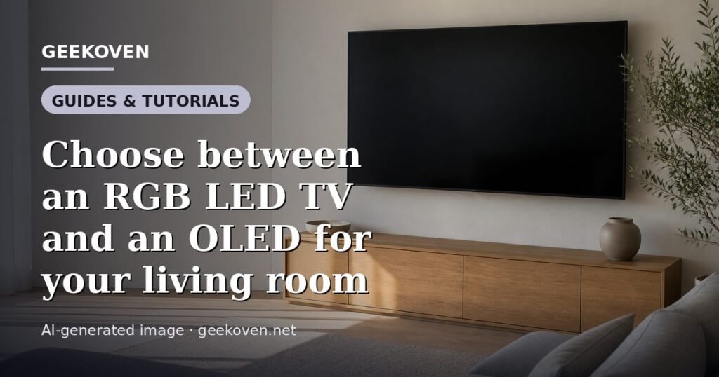 Illustration for the Guides & Tutorials article “Choose between an RGB LED TV and an OLED for your living room”: an AI-generated editorial illustration showing a scene illustrating the subject of the article, with the headline set over it. Illustrative only, not a photograph of a real event.